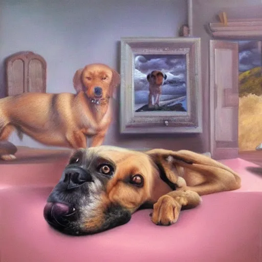 Image similar to dog dreams, surrealism, oil on canvas, high detail, masterpiece