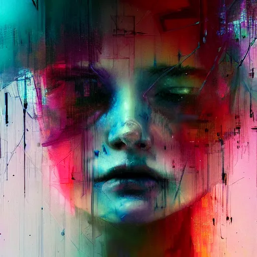 Image similar to glitchart of a young woman lucid dreaming in cyberspace photoreal, atmospheric by jeremy mann francis bacon and agnes cecile, ink drips paint smears digital glitches