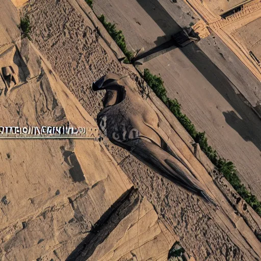 Image similar to an scene of an intricate hyper detailed sphynx in giza, cinematic lighting, bird's - eye view