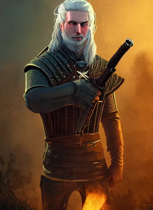 Image similar to portrait of a wizard holding a gun, the witcher has a half shaved head and tattoos, the wizard holding a pistol points downwards, the wizard holding a pistol is only one and stands in a ruined city. by Ciryl Rolando, hyperrealistic illustration, digital art, studio lightning, very detailed faces