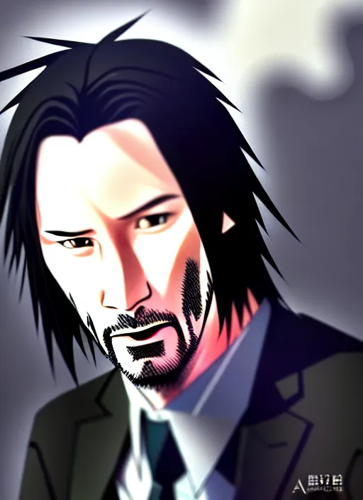 Image similar to anime portrait of keanu reeves as a handsome man, wearing black suit and bowing down, ilya kuvshinov, anime, deroo, pixiv top monthly, trending on artstation, cinematic, danbooru, zerochan art, kyoto animation