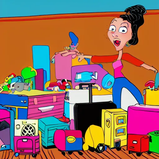 Image similar to a painted cartoonish scene, an open suitcase sits on a table, the open suitcase contains a vast pile of toys, the pile of toys rises all the way to the ceiling, the pile of toys blocks the background, a woman stands next to the table and suitcase, the woman holds more toys