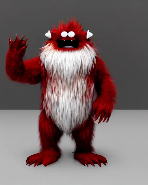 Image similar to 3 d render of completely red hairy friendly monster wearing chrome shades, full body, simple, cute, white background, unreal engine 5 hdr