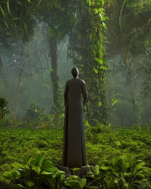 Image similar to giant anonymous statue, beautiful jungle landscape, beautiful vines growing, in the style of beeple and mike winkelmann, intricate, epic lighting, cinematic composition, hyper realistic, 8 k resolution, unreal engine 5, raytracing, reflections, happy colors