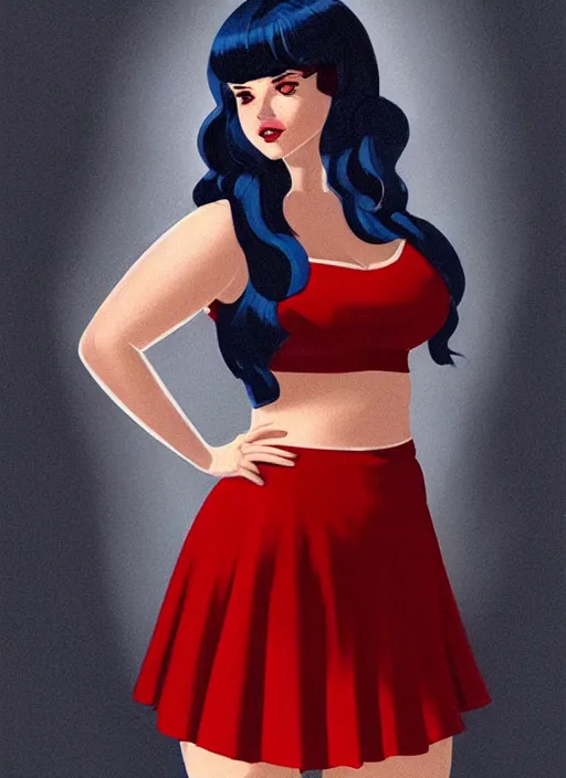 Image similar to full body portrait of teenage veronica lodge, obese, bangs, sultry, realistic, sultry smirk, wavy hair, red skirt, fat, belly, intricate, elegant, glowing lights, highly detailed, digital painting, artstation, concept art, smooth, sharp focus, illustration, art by wlop, mars ravelo and greg rutkowski