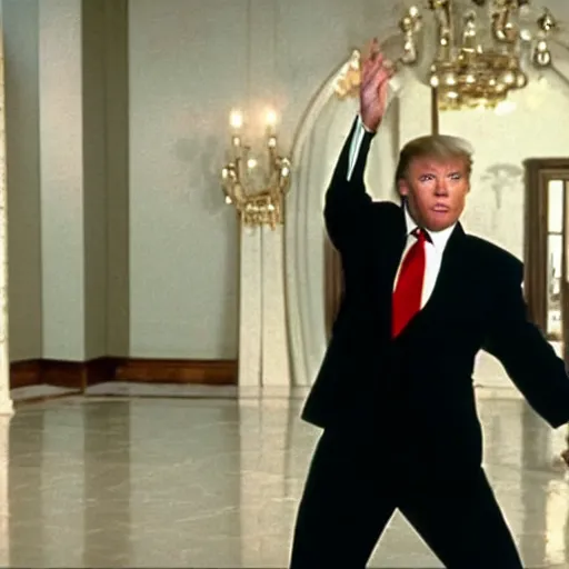 Image similar to Jean CLAUDE Van Damme starring as Donald Trump, full screen shot, cinematic still