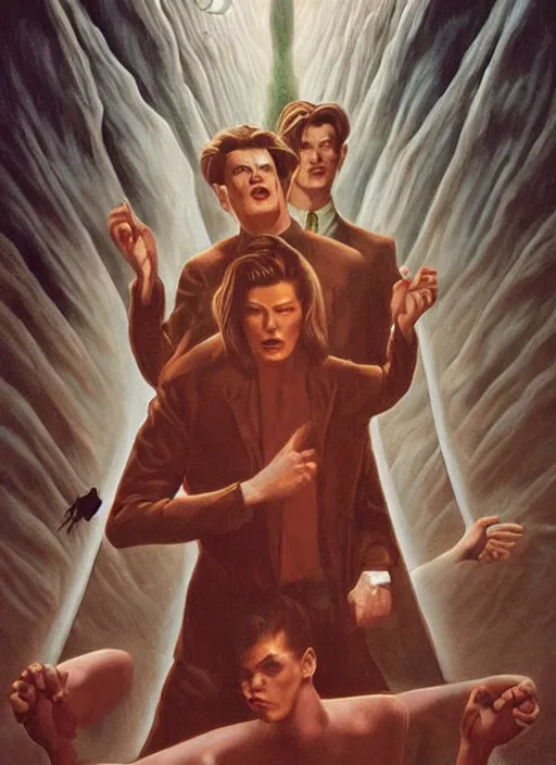 Image similar to twin peaks poster art, david bowie fighting his doppelganger gemini good and evil, old retro pulp, by michael whelan, rossetti bouguereau, artgerm, nostalgic, old fashioned