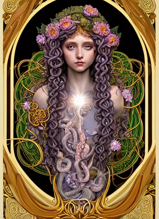 Image similar to professionally-painted ultradetailed ornate RPG award winning masterpiece illustration of beautiful symmetrical Medusa radiating glowing aura, fully clothed with an art nouveau flowery dress, digital airbrush painting, 3d rim light, hyperrealistic, artstation, cgsociety, kodakchrome, golden ratio