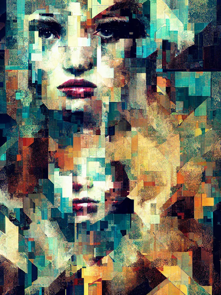 Prompt: a beautiful collage by patrick bremer of a girl portrait in a glitched bathroom, pixel sorting, color bleeding, brushstrokes by jeremy mann