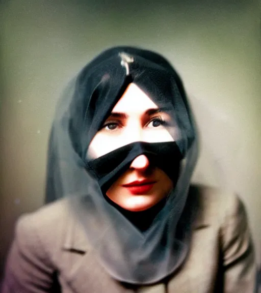 Prompt: person in a suit with veil over face, vintage technicolor film photo, grainy, high detail, high resolution