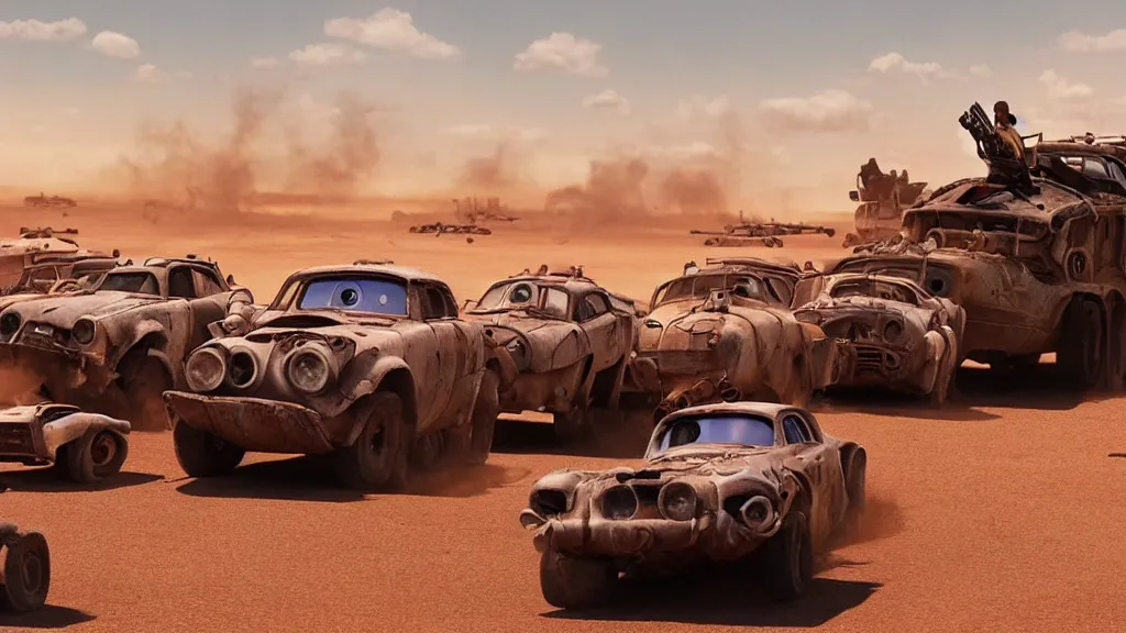 Image similar to pixar cars in mad max fury road, cartoon eyes, war boys, furiosa, explosions, imax