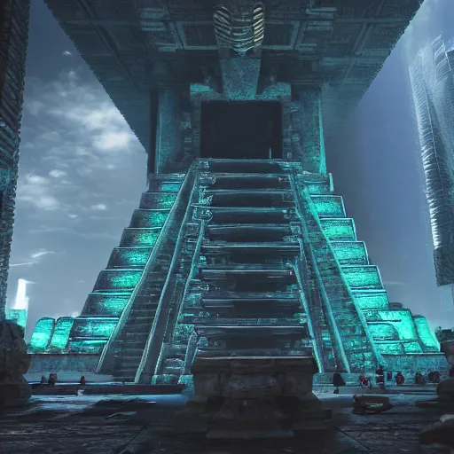 Image similar to Mayan temples merged with cyberpunk futuristic aesthetic 4k highly detailed