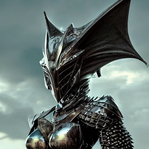 Image similar to highly detailed realistic stunning shot of a beautiful elegant anthropomorphic female dragon knight, armor made of steel, sharp claws and tail, cloak flittering in the wind, high quality, HD octane render, epic cinematography, Artstation, Deviantart, Furaffinity