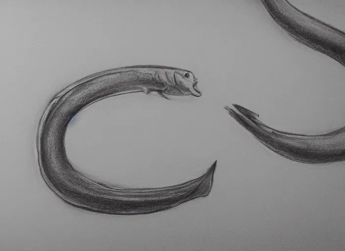 Image similar to detailed charcoal sketch of an eel, some edges lost, subtle, beautiful epic sketch, light and medium values, clean elegant and refined sketch, equal focus of attention throughout