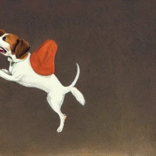 Prompt: closeup portrait of a happy jack russel terrier jumping, illustrated by peggy fortnum and beatrix potter and sir john tenniel