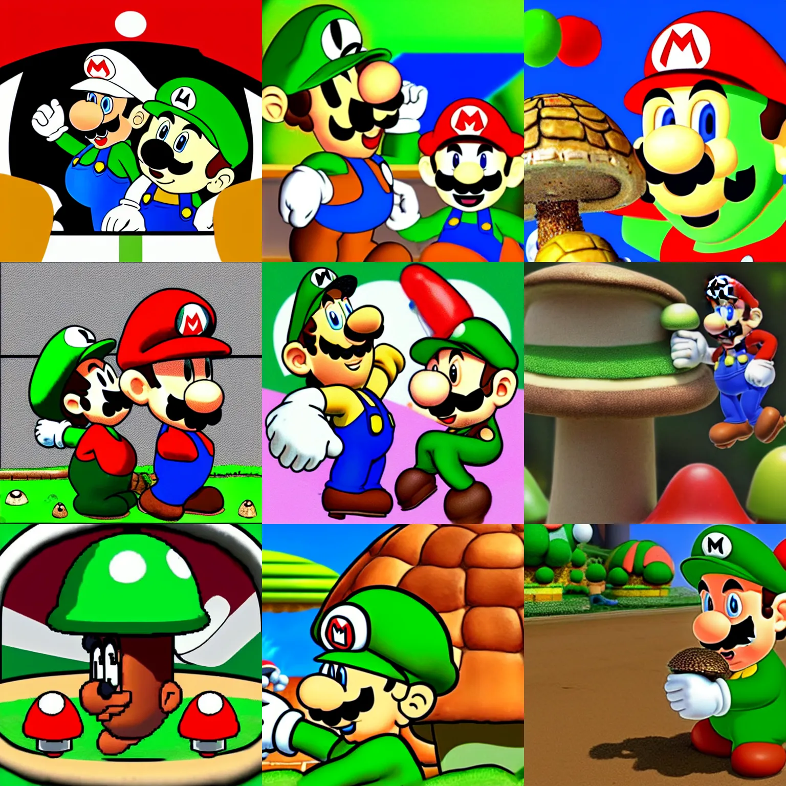 Prompt: drunk mario and luigi eat big mushroom and fly agaric, cartoon turtles, drainpipes