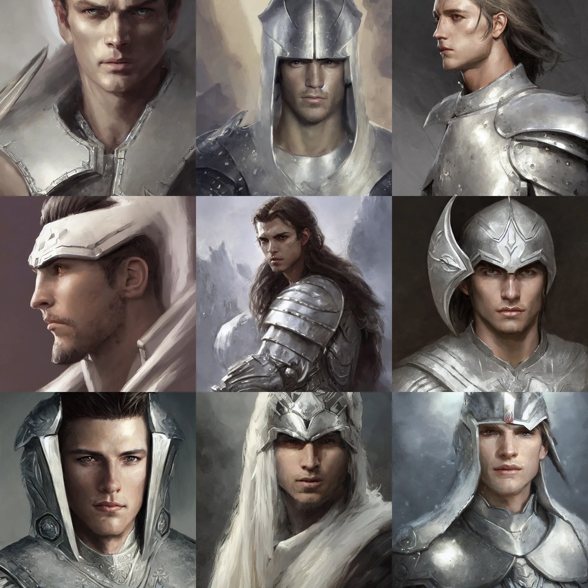 Prompt: digital art painting of a handsome young man, white long straight hair, wearing a white silver armor dnd portrit painted by craig mullins and gaston bussiere and greg rutkowski, symmetrical face, defined facial features, symmetrical facial features, dramatic lighting