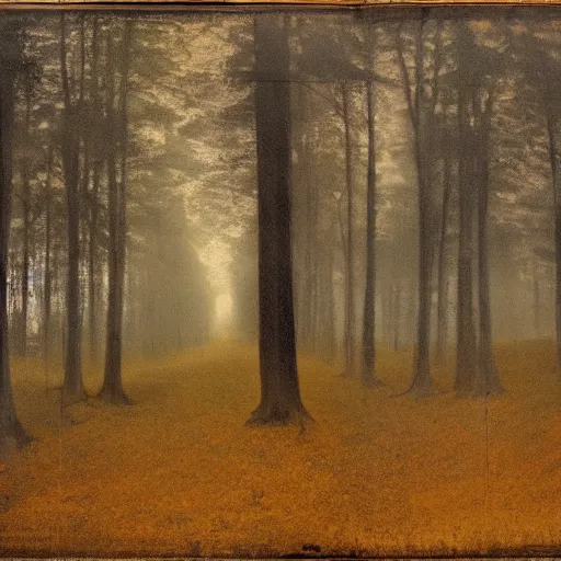 Prompt: a foggy golden forest, daguerreotype by pontormo, by gustave moreau, by Mackintosh, by schiele, art noveau, highly detailed, strong lights, liminal, eerie, Bright pastel colors