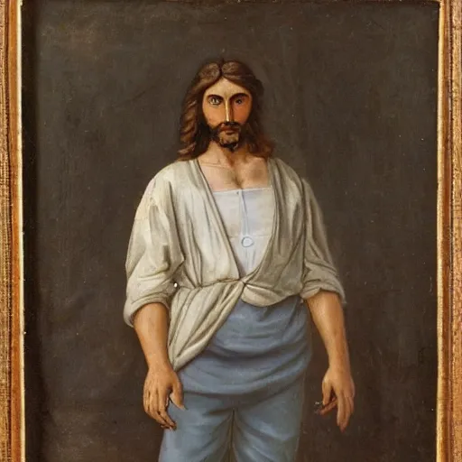 Image similar to a Greek man with long brown hair, full body, Jean Auguste