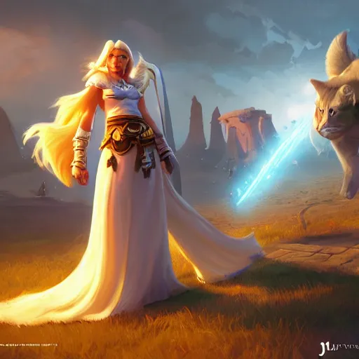 Image similar to jaina proudmoore pets a white kitty, world of warcraft, digital art, dmitry prozorov style, artstation, rhads and greg rutkowski and james gurney, extremely detailed, volumetric lighting, ultra quality, 8 k, sharp focus, ray tracing