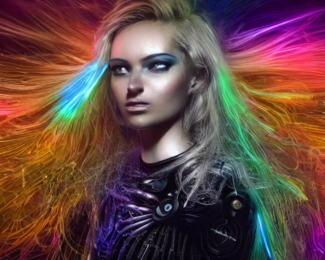 Image similar to glowing hair, complex cybernetic beings, beautiful hairy humanoids, cybermagnetosphere, cybernetic civilizations, ornate hair, love, joy, vortexes, large arrays, data holograms, 8 k, cinematic light shadows, wet hdr refractions, *, * * *, * * * * *