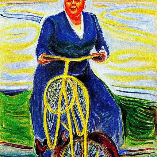 Image similar to Erna Solberg rising a unicycle oil canvas paining by Edvard Munch