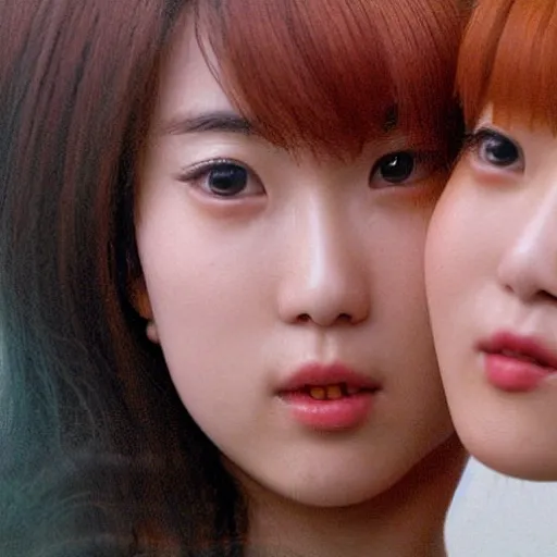 Image similar to 1990s, unbelievably beautiful, perfect, dynamic, epic, cinematic 8K HD movie shot of two semi-close-up japanese beautiful cute young J-Pop idols actresses girls, they express joy and posing together. By a Chinese movie director. Motion, VFX, Inspirational arthouse, high budget, hollywood style, at Behance, at Netflix, with Instagram filters, Photoshop, Adobe Lightroom, Adobe After Effects, taken with polaroid kodak portra