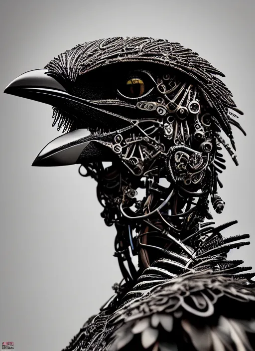 Prompt: a stunning young vegetal female crow - cyborg profile face, face is made intricate tribal bio - mechanical, editorial photography, bw, shot on 7 0 mm, depth of field, f / 2. 8, high contrast, 1 6 k, volumetric lighting, shiny, insanely detailed and intricate, hypermaximalist, elegant, ornate, hyper realistic, super detailed