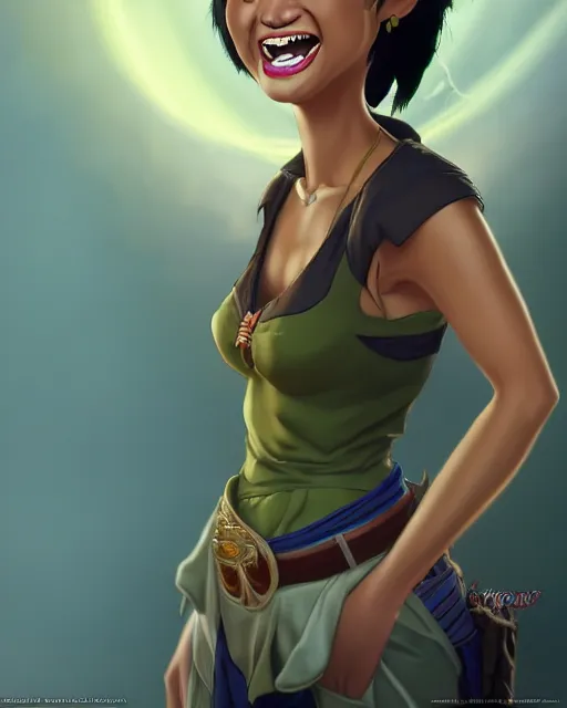 Image similar to laughing heavy - set filipina woman character portrait, by don bluth, sci - fi environment, highly detailed, dynamic shadows, 4 k, wallpaper - 1 0 2 4