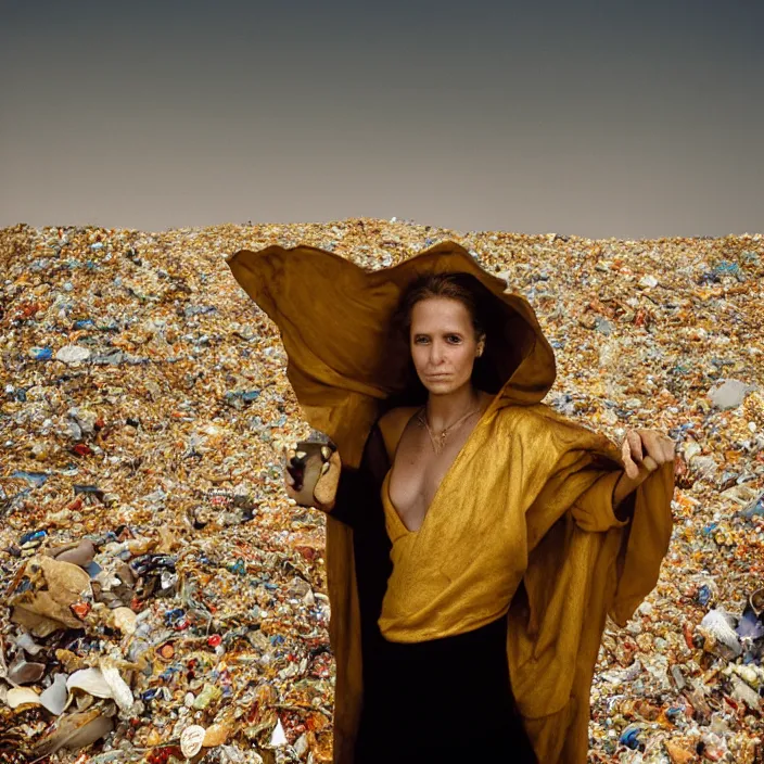 Prompt: closeup portrait of a woman wearing a cloak made of gold, standing in a landfill, by Annie Leibovitz and Steve McCurry, natural light, detailed face, CANON Eos C300, ƒ1.8, 35mm, 8K, medium-format print