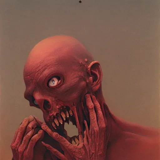 Image similar to zombie by Zdzisław Beksiński, oil on canvas