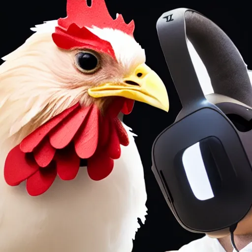 Prompt: A chicken wearing a chicken sized your headset oculus quest