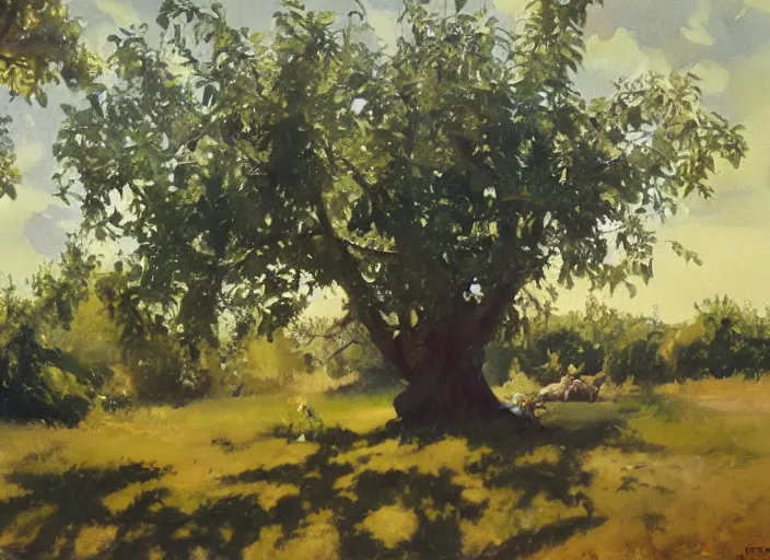 Image similar to oil painting of translucent pears on tree by greg manchess, backlit leaves by anders zorn, landscape by greg rutkowski