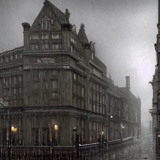 Image similar to rainy victorian city, 8k, ultrarealistic, ultra hd, gloomy, photorealistic