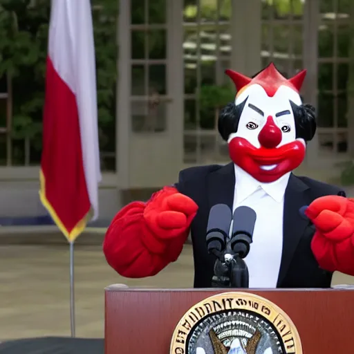 Image similar to photo of a president with clown face giving a speech in television