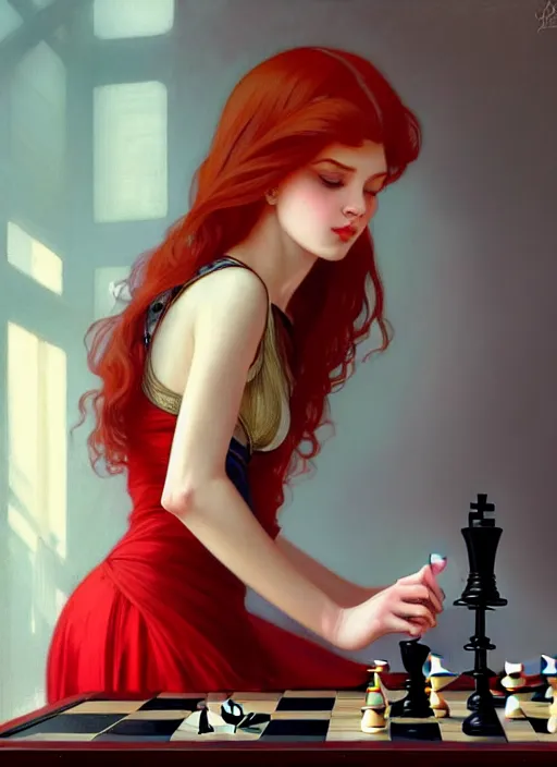 Prompt: a full body fashion photography of a girl playing chess, red hair, intricate, elegant, clearly visible face, highly detailed, digital gallery painting, artstation, concept art, smooth, sharp focus, illustration, art by artgerm and greg rutkowski and alphonse mucha, 8 k