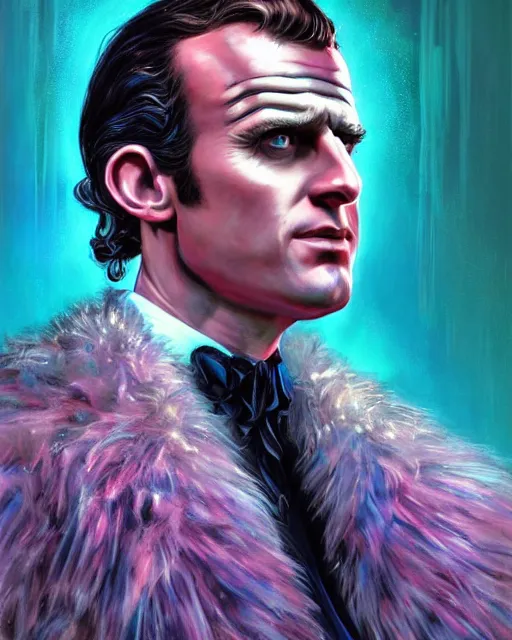 Prompt: portrait of glamor norse god | emmanuel macron | robe | ( ( clown ) ) | paris background | highly detailed | very intricate | professional model | cinematic lighting | painted by donato giancola and mandy jurgens and charlie bowater | bold colors, artdeco, art deco synthwave blue purple pink aesthestic, 8 0's nostalgia | artstation