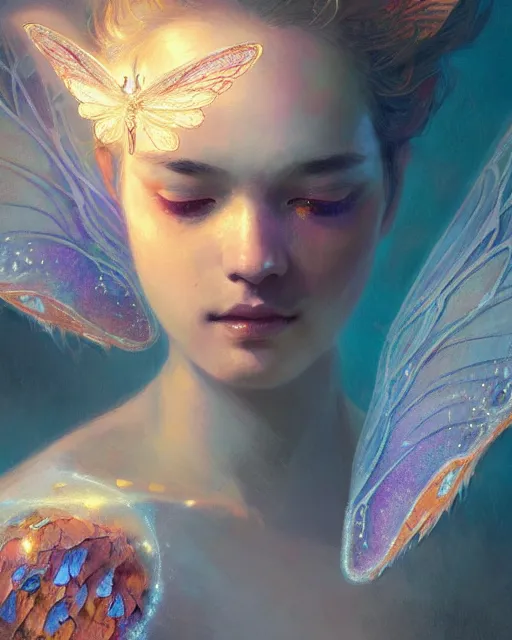 Prompt: weight of the past, fractal crystal, fantasy moth wings, beauty portrait by wlop, james jean, victo ngai, beautifully lit, muted colors, highly detailed, artstation, fantasy art by craig mullins, thomas kinkade