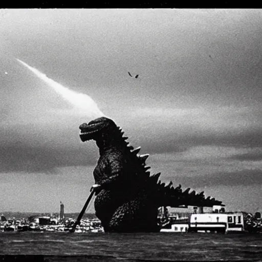 Image similar to godzilla eating a piece of cake. in the background tokyo city on fire