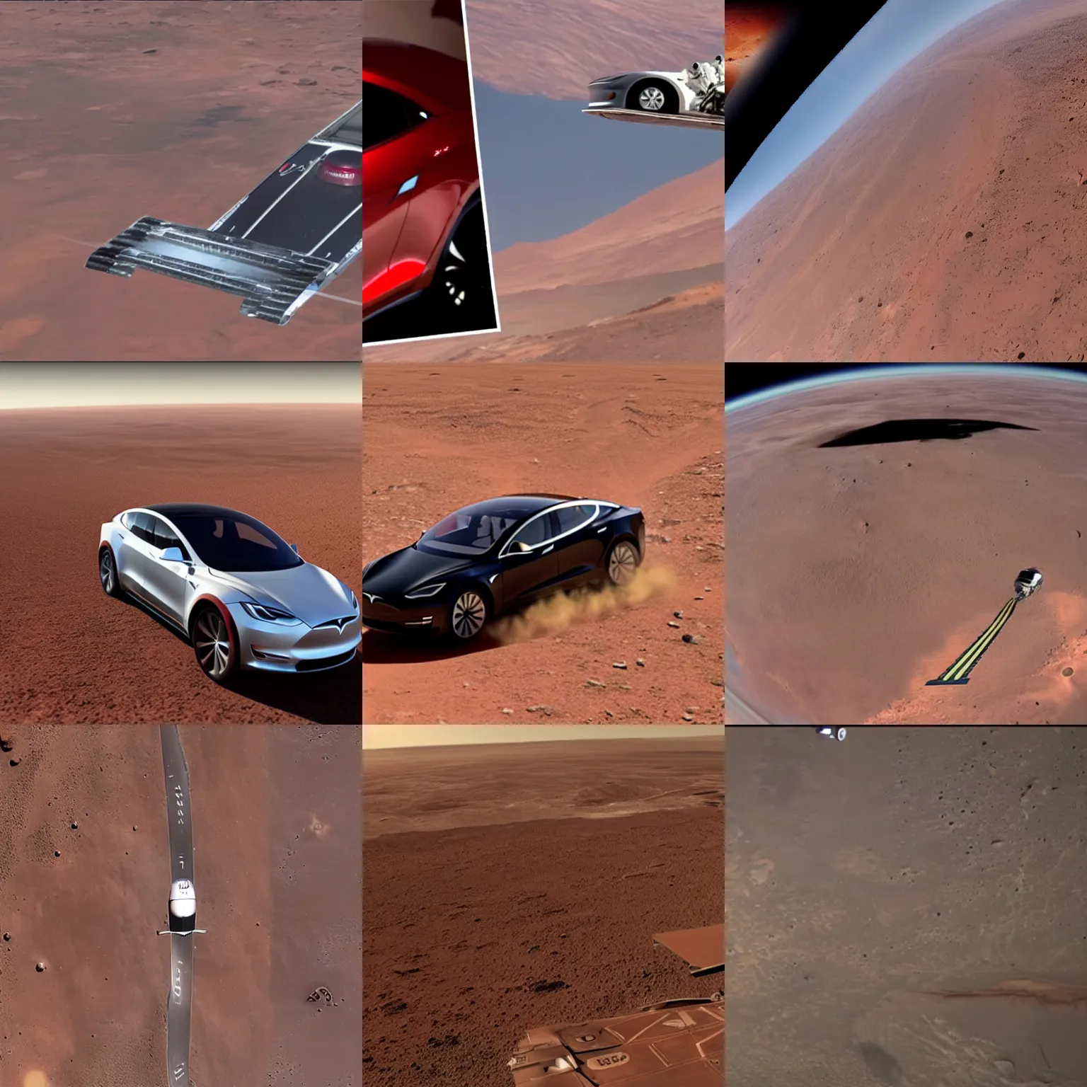 Prompt: Elon Musk flies a Tesla car into space to conquer the red planet mars.