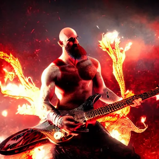 Prompt: kratos shredding on a flaming stratocaster guitar, cinematic render, god of war 2 0 1 8, santa monica studio official media, lightning, spartan rage, red stripe eye