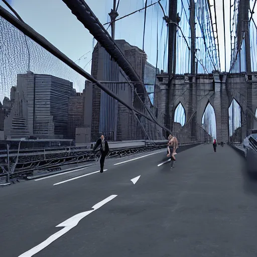 Prompt: The Beatles unreal engine 5 hanging off the Brooklyn Bridge 8k