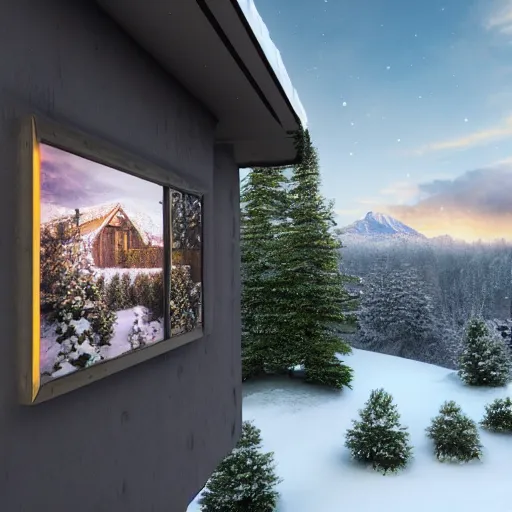Image similar to a photo from the back of a landscape of a house with views on snowy mountains, high detailed, hyper realistic, art station, 4k, 8k, atmosphere, cgstation
