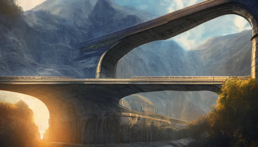 Image similar to futuristic train driving over aqueduct, green hills, matte painting, artstation, sunrise, blue sky, solarpunk