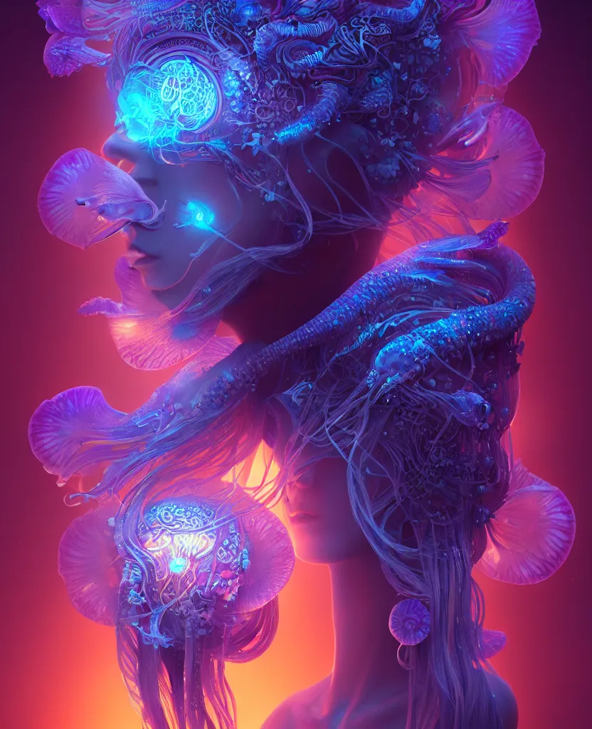 Image similar to goddess close-up portrait. orchid jellyfish phoenix head, nautilus, skull, betta fish, bioluminiscent creatures, intricate artwork by Tooth Wu and wlop and beeple. octane render, trending on artstation, greg rutkowski very coherent symmetrical artwork. cinematic, hyper realism, high detail, octane render, 8k