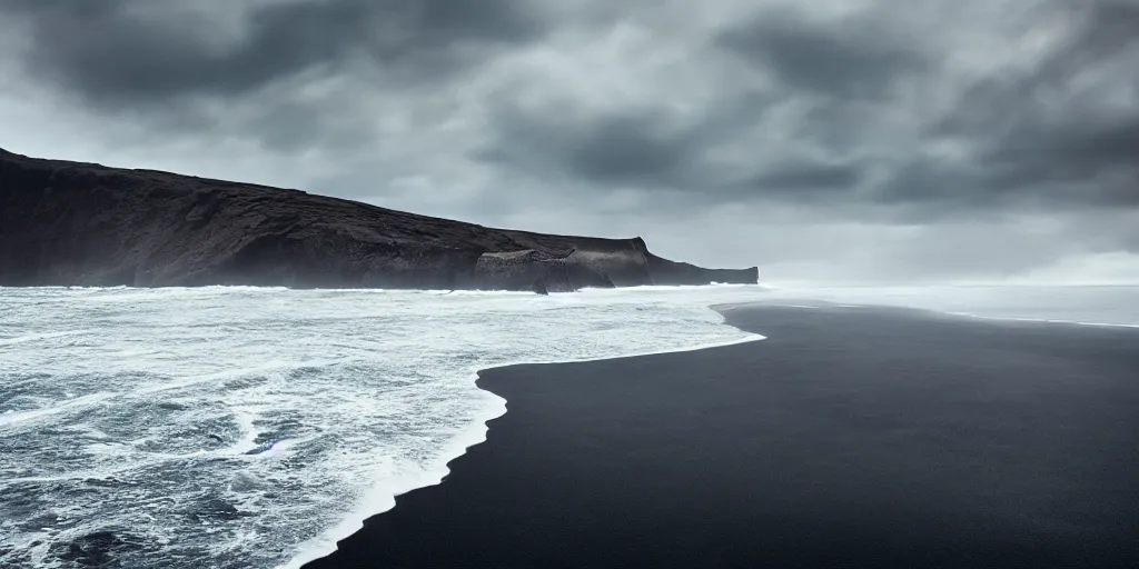 Image similar to icelandic coast. black sand. dramatic sky. cinematic. intricate. mist. low angle wide shot. highly detailed. concept art. matte painting in the style of greg rutkowski.