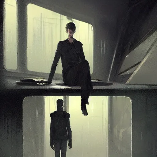 Image similar to concept art by greg rutkowski, a very tall, and slender man with messy black hair, wearing a beige and black sweater, sitting in the spaceship command bridge, brutalist futuristic interior, dark lighting atmosphere, detailed portraits, nostalgic atmosphere, scifi, digital painting, artstation, concept art, smooth, sharp foccus ilustration, artstation hq