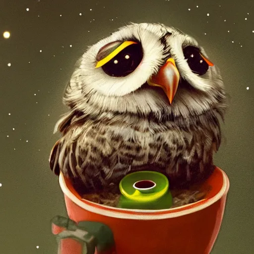 Image similar to long shot of a very cute owl chick nesting in a very futuristic cup, esao andrews, humorous illustration, hyperrealistic, big depth of field, warm colors, night scenery, low light, 3 d octane render, 4 k, conceptart, hyperdetailed, hyperrealistic, trending on artstation