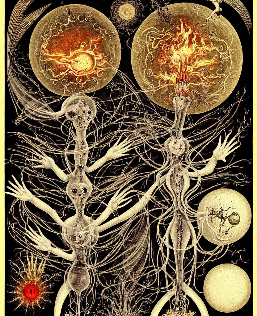 Image similar to whimsical freaky creature sings a unique canto about'as above so below'being ignited by the spirit of haeckel and robert fludd, breakthrough is iminent, glory be to the magic within, painted by ronny khalil