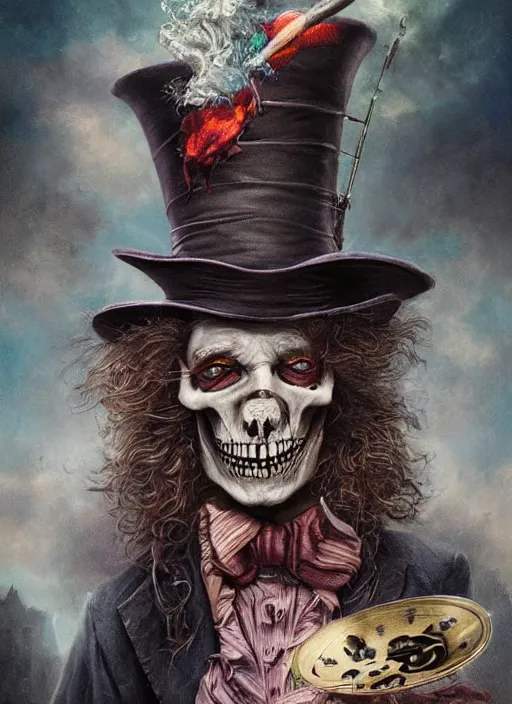 Image similar to Mad hatter smoking a pipe, death tarot card,highly detailed,half skull face,cinematic,8k,by Stanley Artgermm,Tom Bagshaw,Greg Rutkowski,Carne Griffiths, Ayami Kojima, Beksinski, Giger,trending on DeviantArt,hyper detailed,horror, full of colour